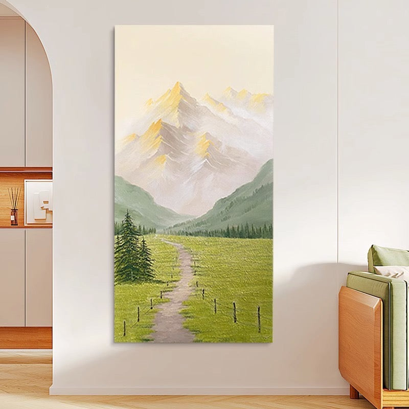 Hand-painted oil painting and acrylic painting, green field gold mountain wabi-sabi style living room decoration painting, entrance abstract hanging painting, corridor aisle mural
